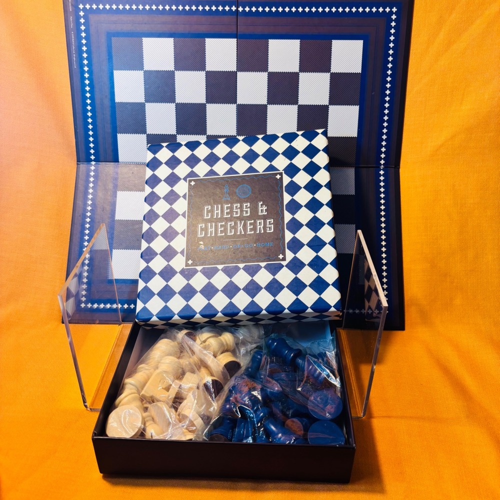 Chess & Checkers 2-in-1 Board Game Set Blue White Pieces Bell & Curfew - Picture 9 of 10
